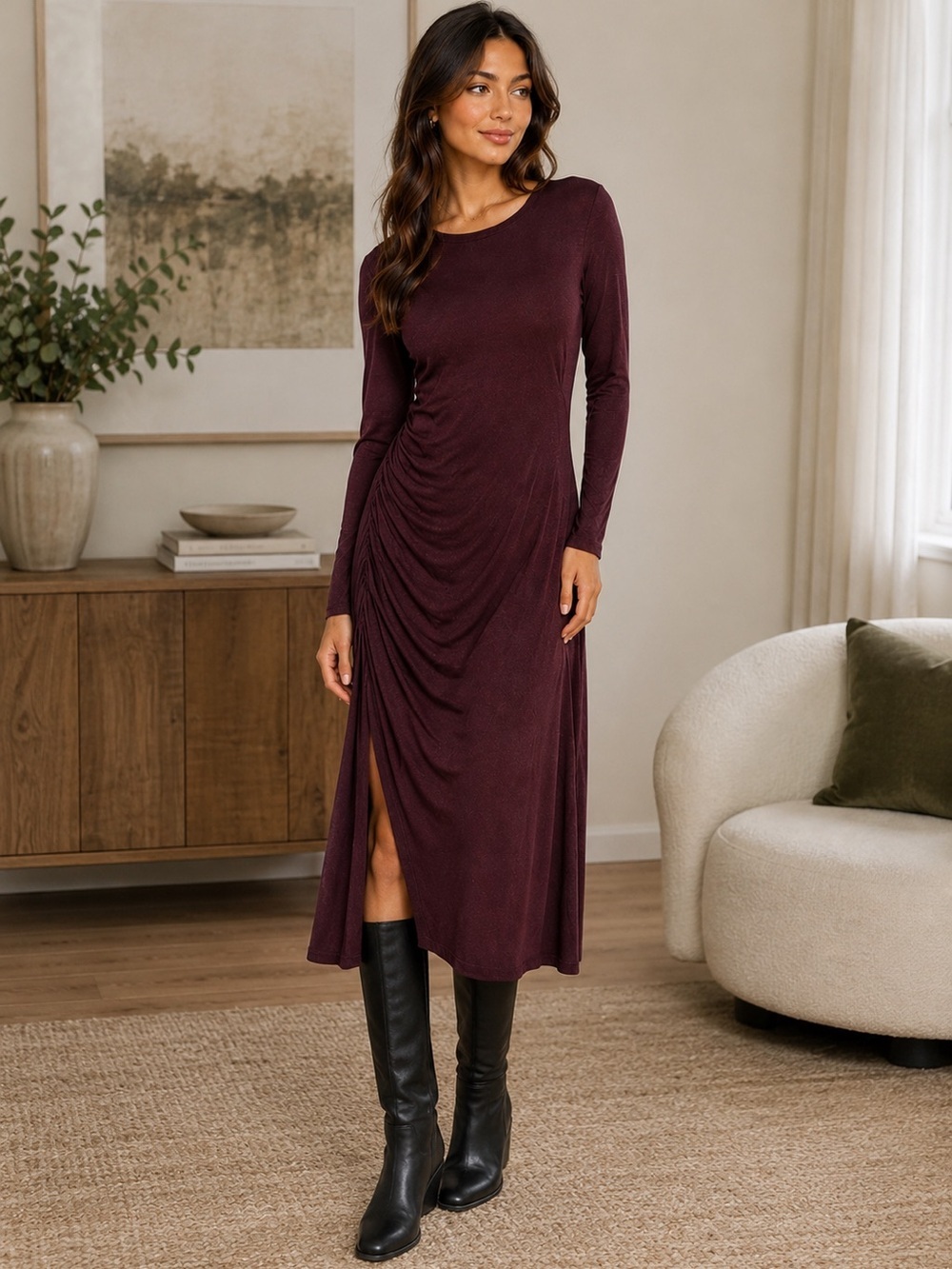 AllSaints Tina LS Dress Burgundy Ruched Long Sleeve Knit Midi Large L